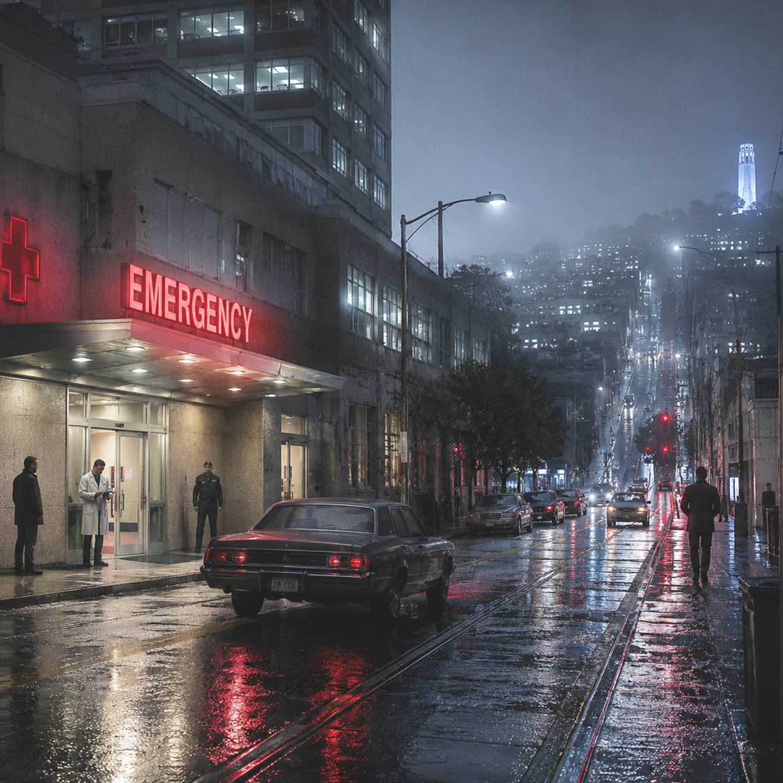 Hospital emergency entrance in rainy 1970s San Francisco at night